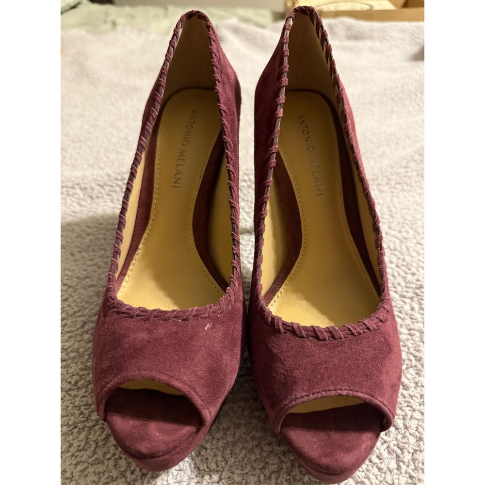 Antonio Melani Burgandy Suede Heels Open Toe Braided Detail Women's Size 7